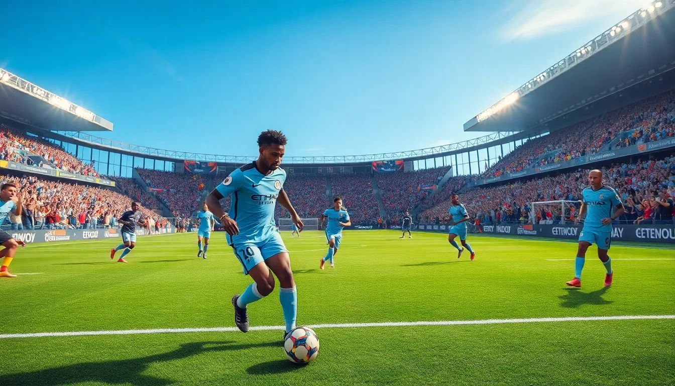 A diverse group of football players in action during a match in a stadium.
