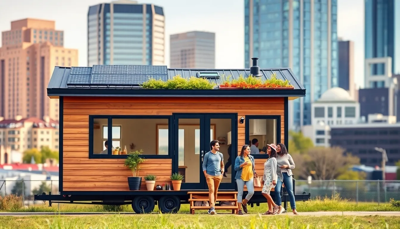 modern tiny home with a Kansas City skyline backdrop.