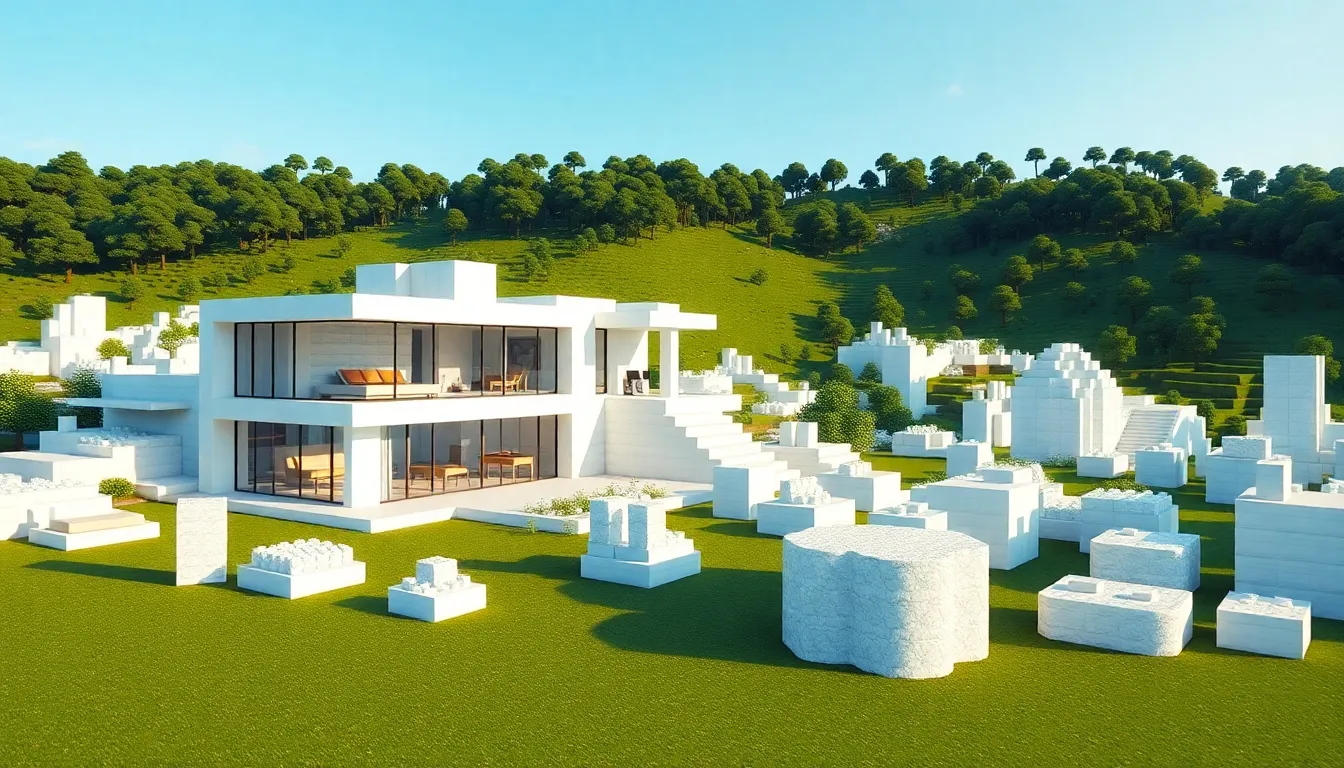 Minecraft landscape with structures made of various white blocks.