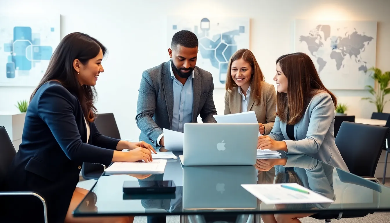 diverse professionals collaborating in a modern office setting.