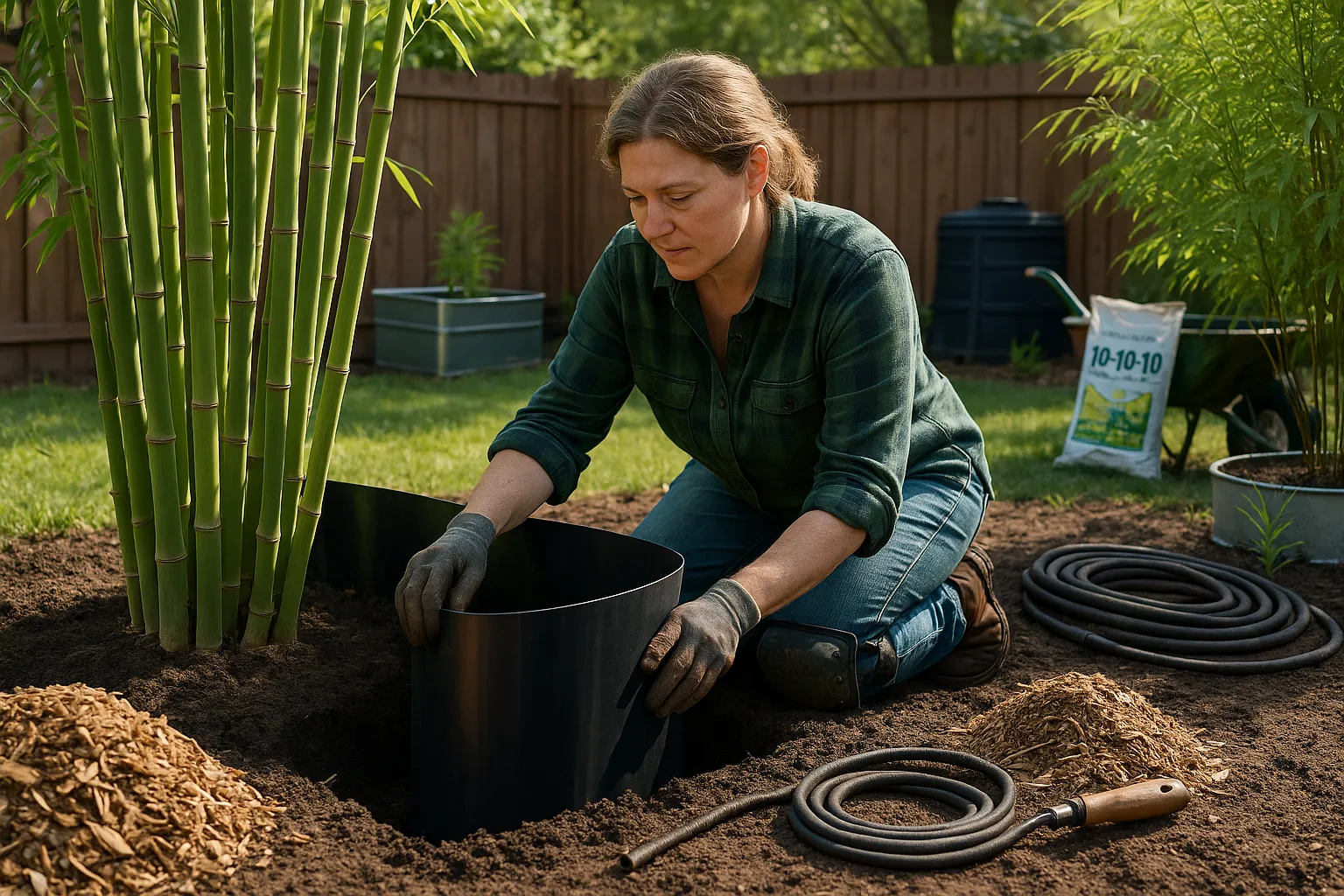 Gardener fitting a black HDPE bamboo barrier around Phyllostachys in a backyard.