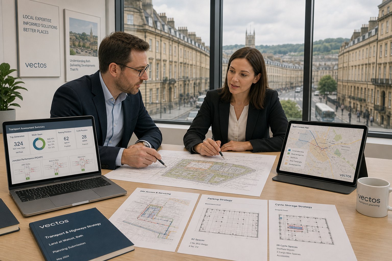 Traffic engineer reviewing Bath development transport plans in a modern office.