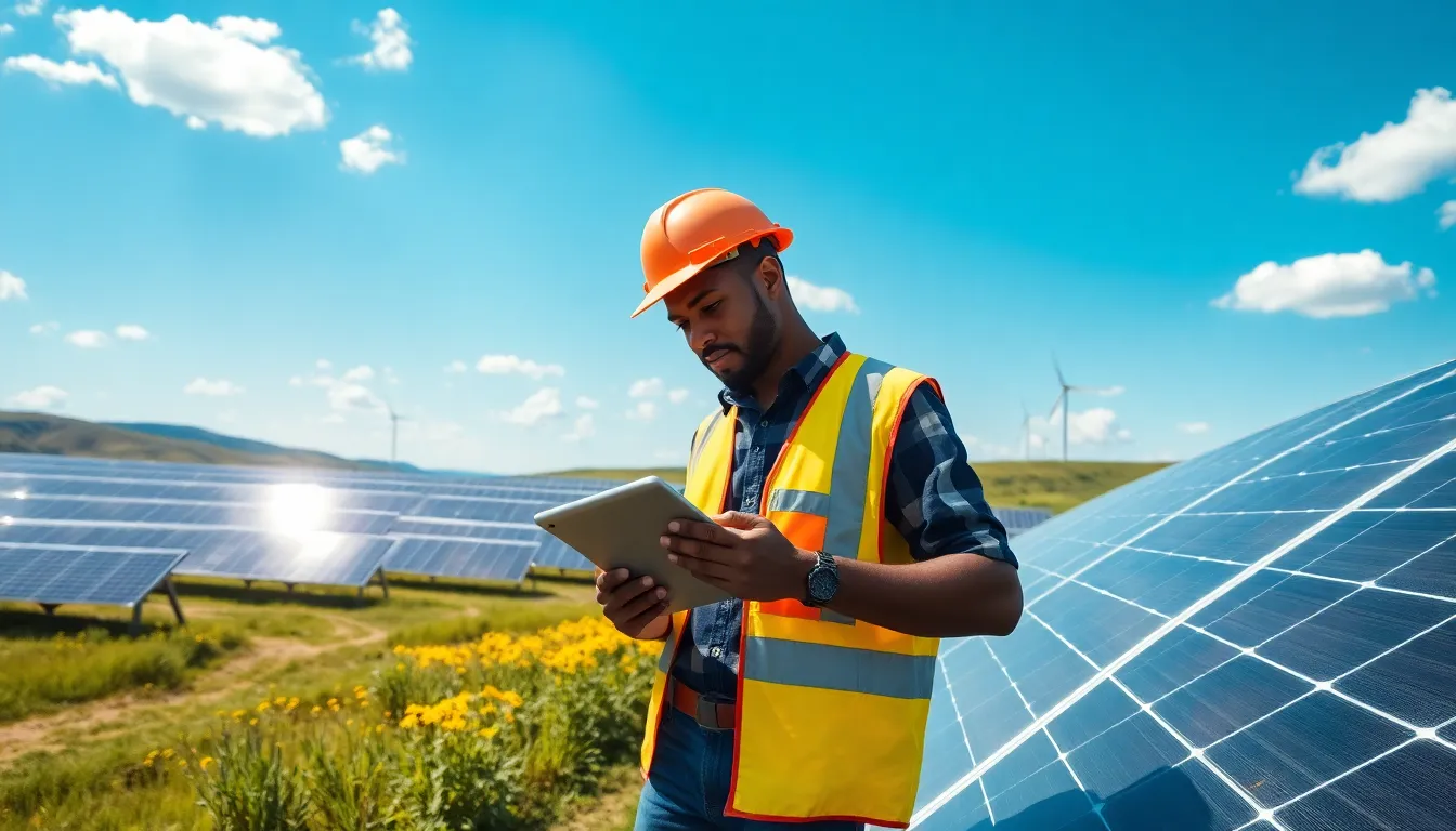 a young engineer examining solar panels in a bright, sunny landscape.