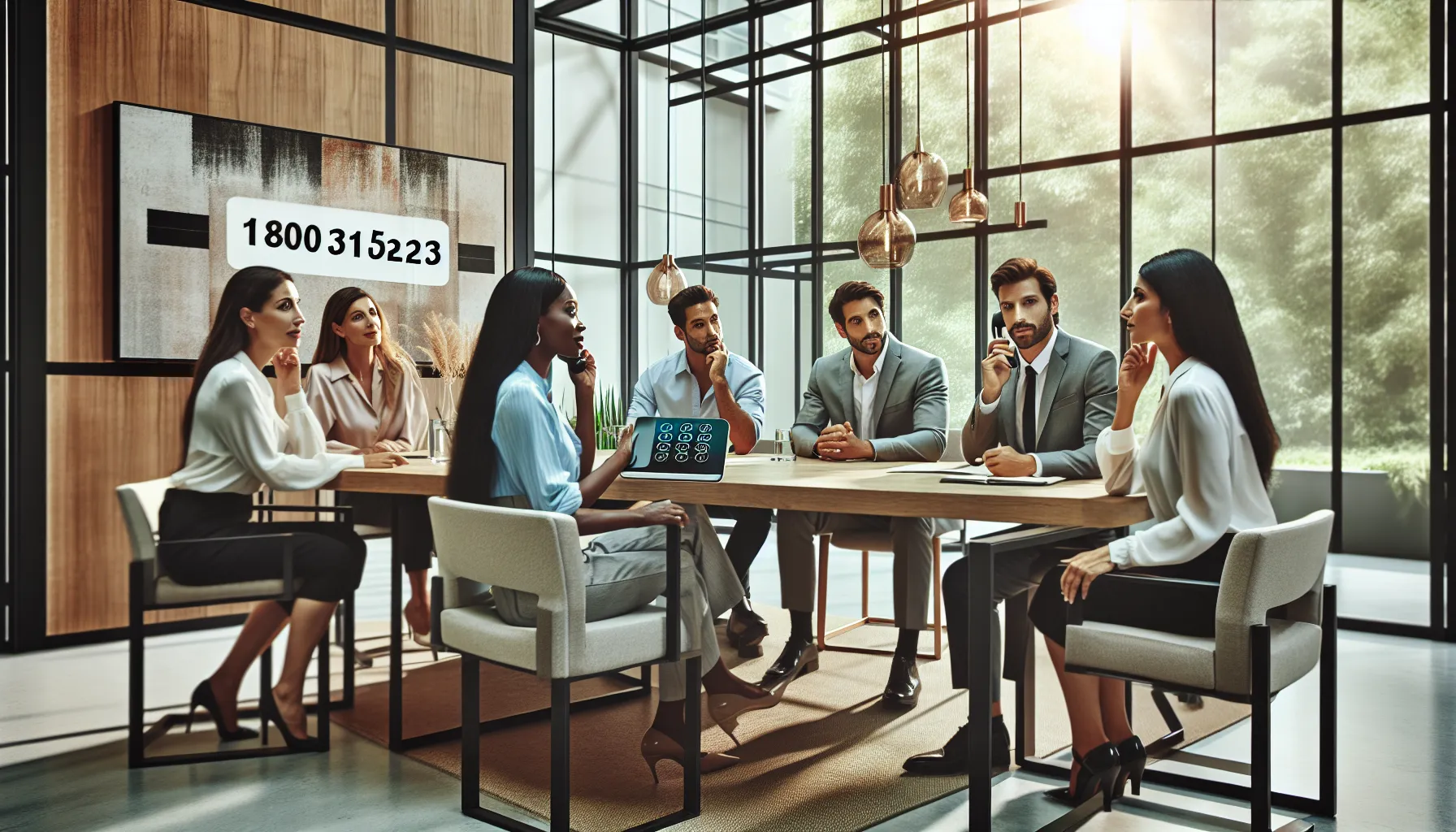 diverse professionals discussing benefits of a toll-free number in an office.