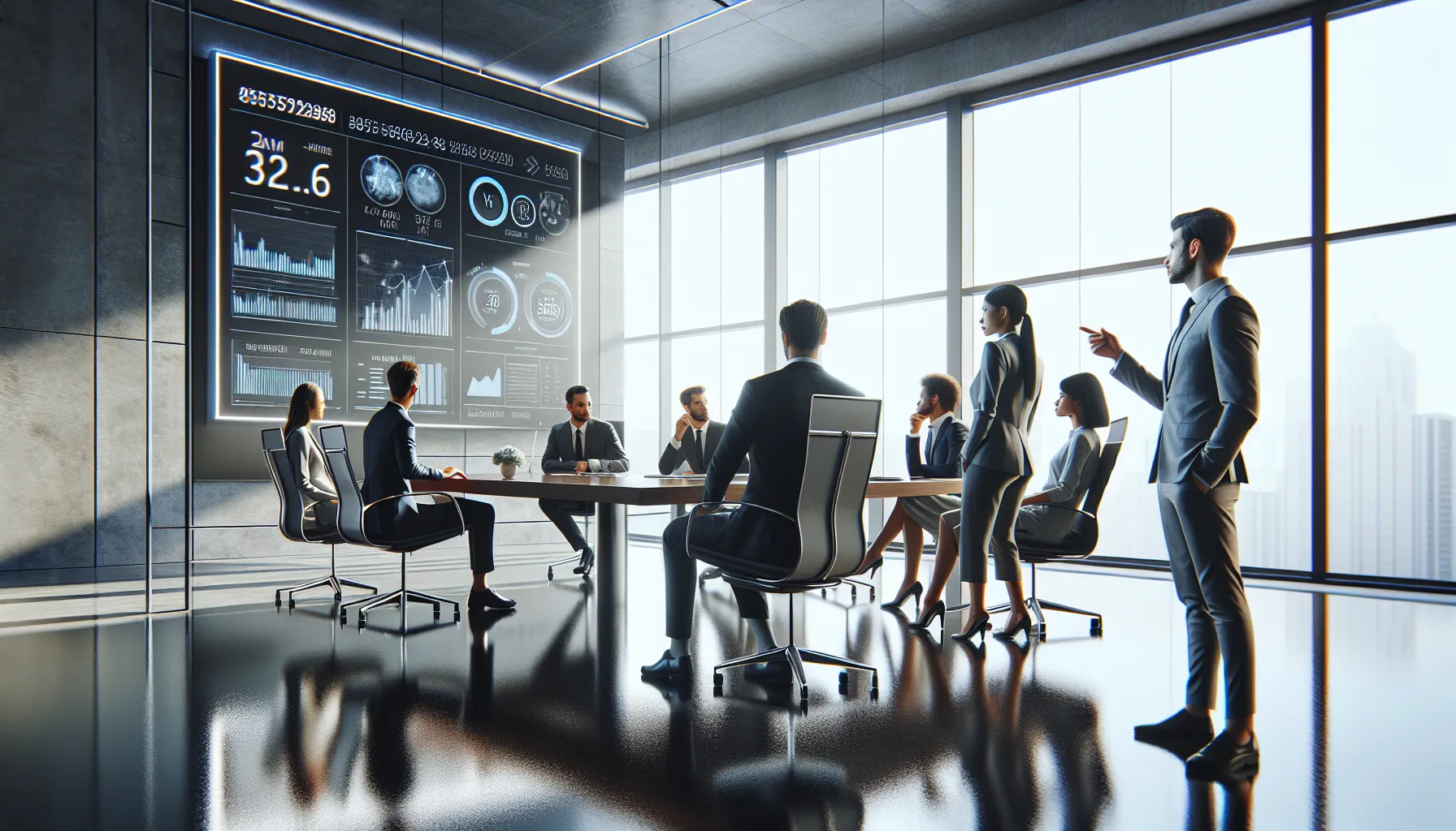 diverse team discussing business around a conference table in a modern office.