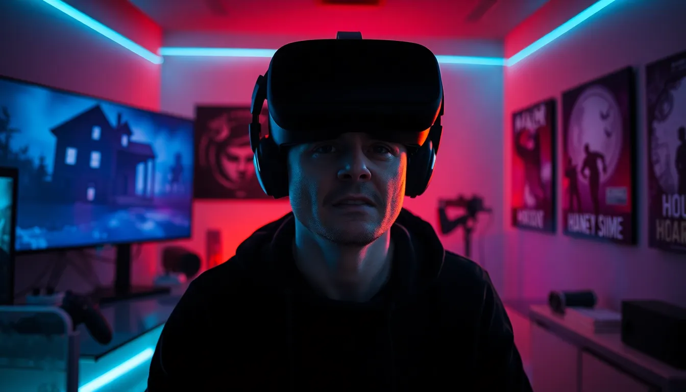 gamer experiencing a first-person horror game in a modern setup.