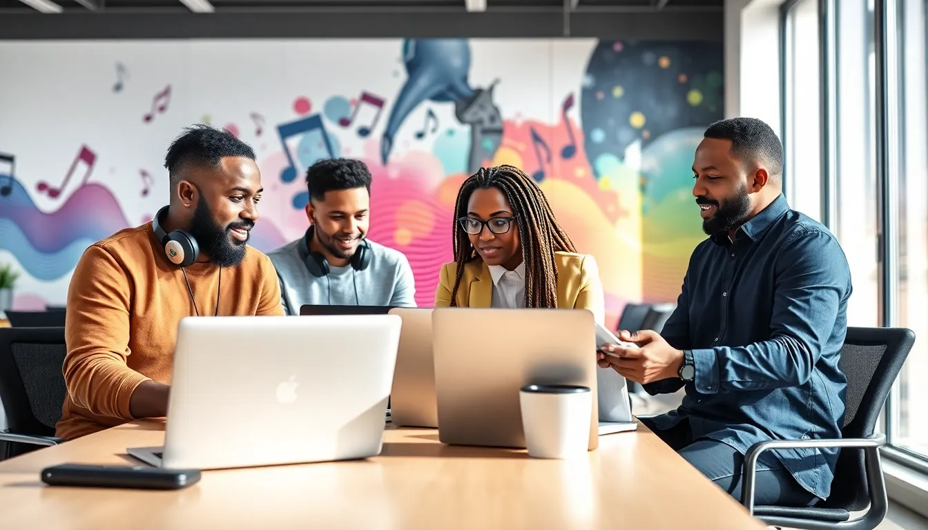 diverse group discussing free hip hop music in a modern office.