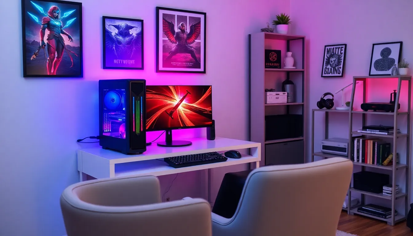 a cozy and modern gaming setup with a gaming PC and monitor.