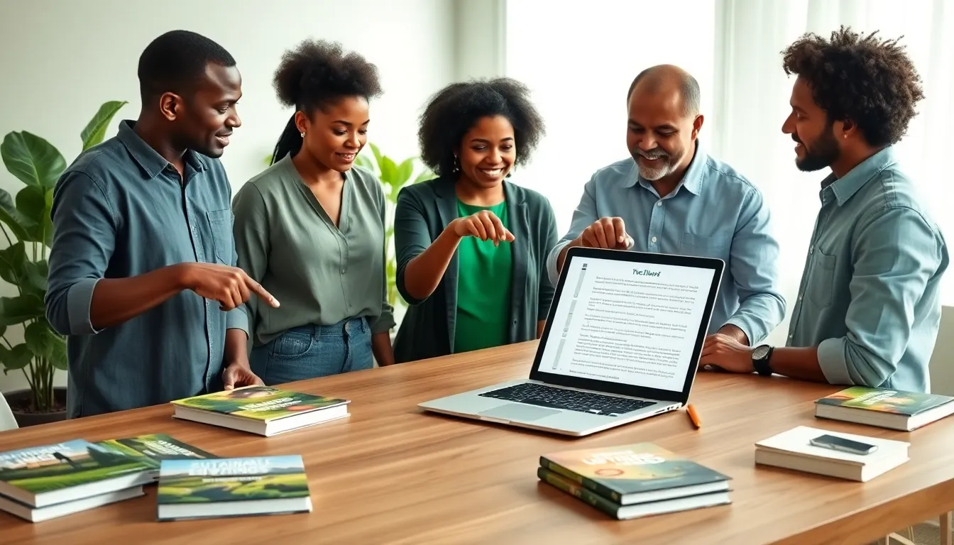 professionals discussing sustainable living books in a bright office.