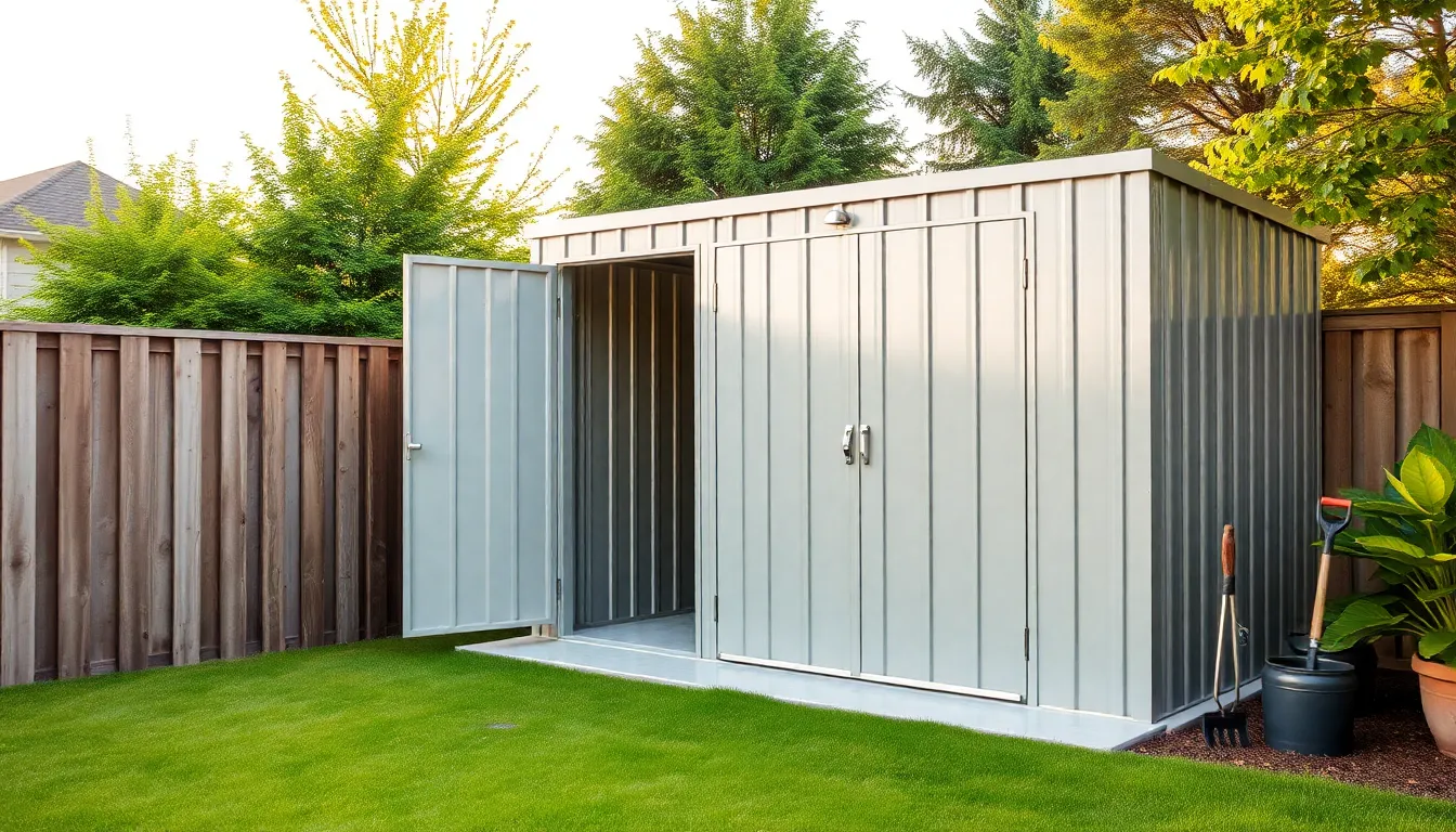 metal storage shed with a floor in a suburban backyard.