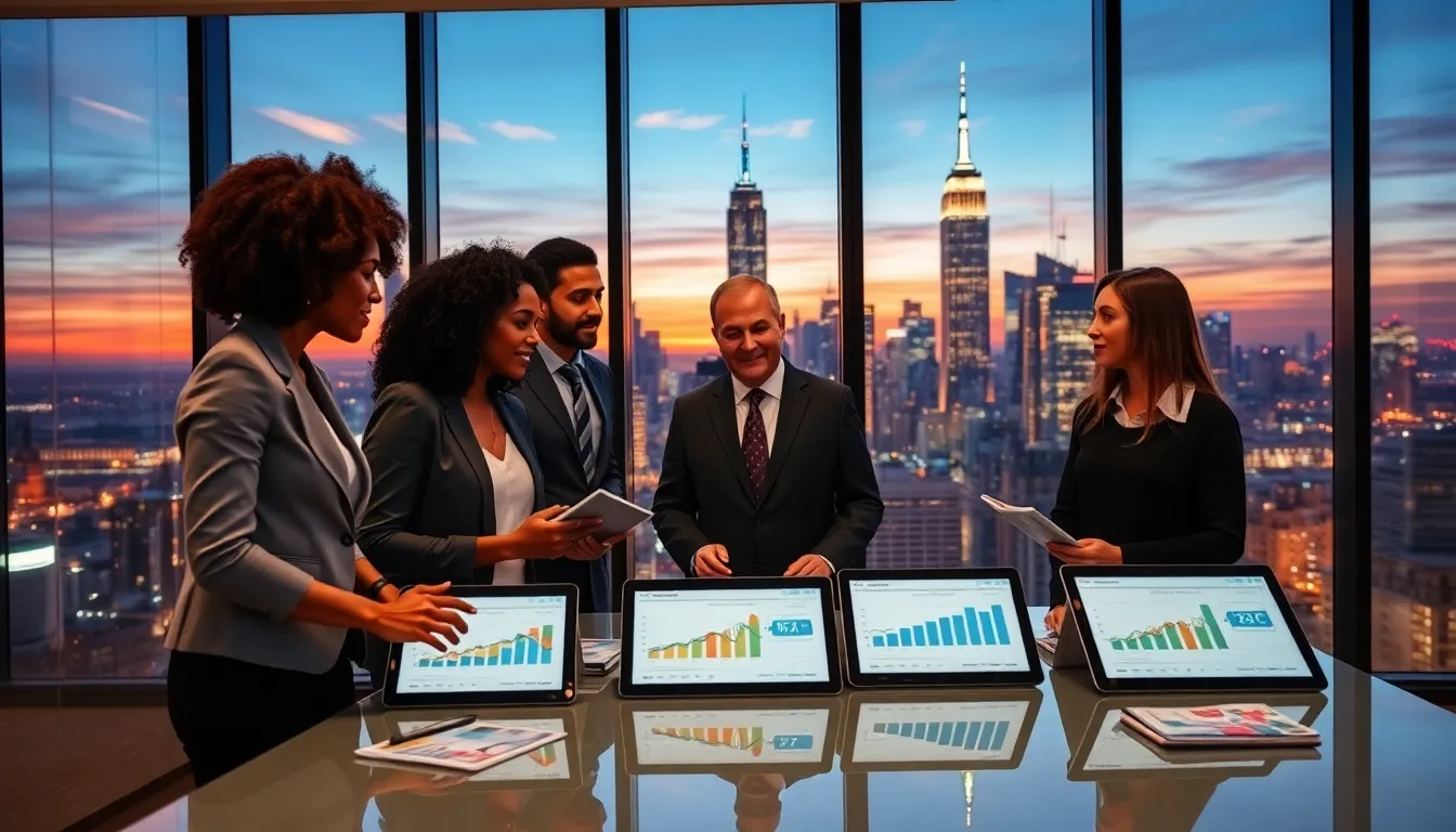 professionals discussing NYC real estate trends in modern office.