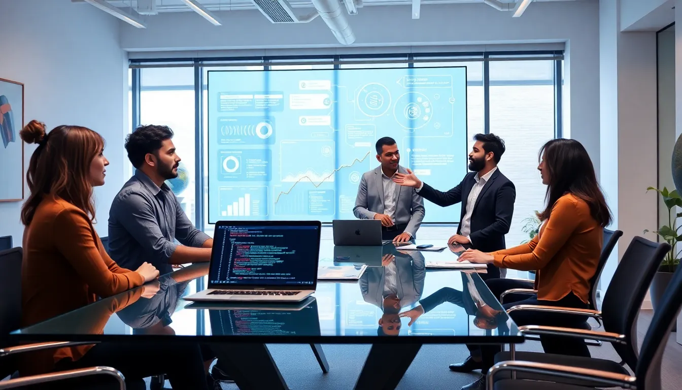 diverse team collaborating on a DevOps project in a modern office.