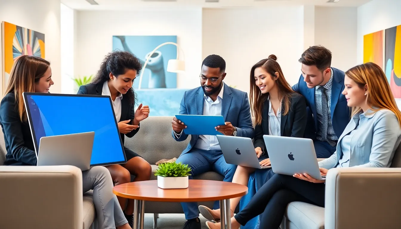 diverse professionals collaborating in a modern digital workspace.