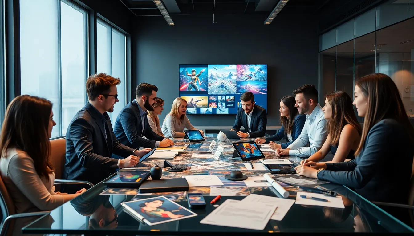 diverse gaming team collaborating in a modern office.