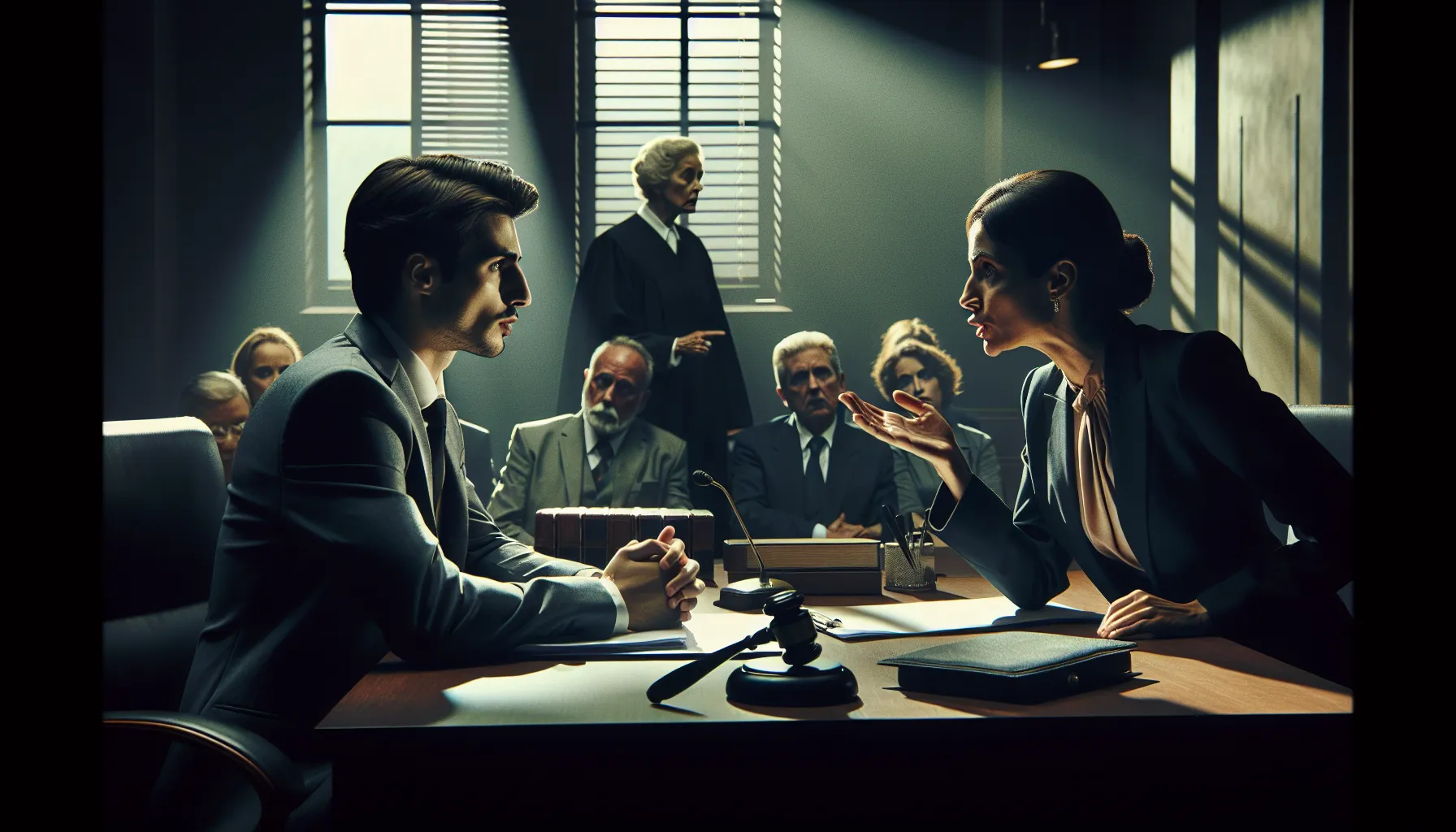 courtroom scene depicting legal professionals in a high-stakes situation.