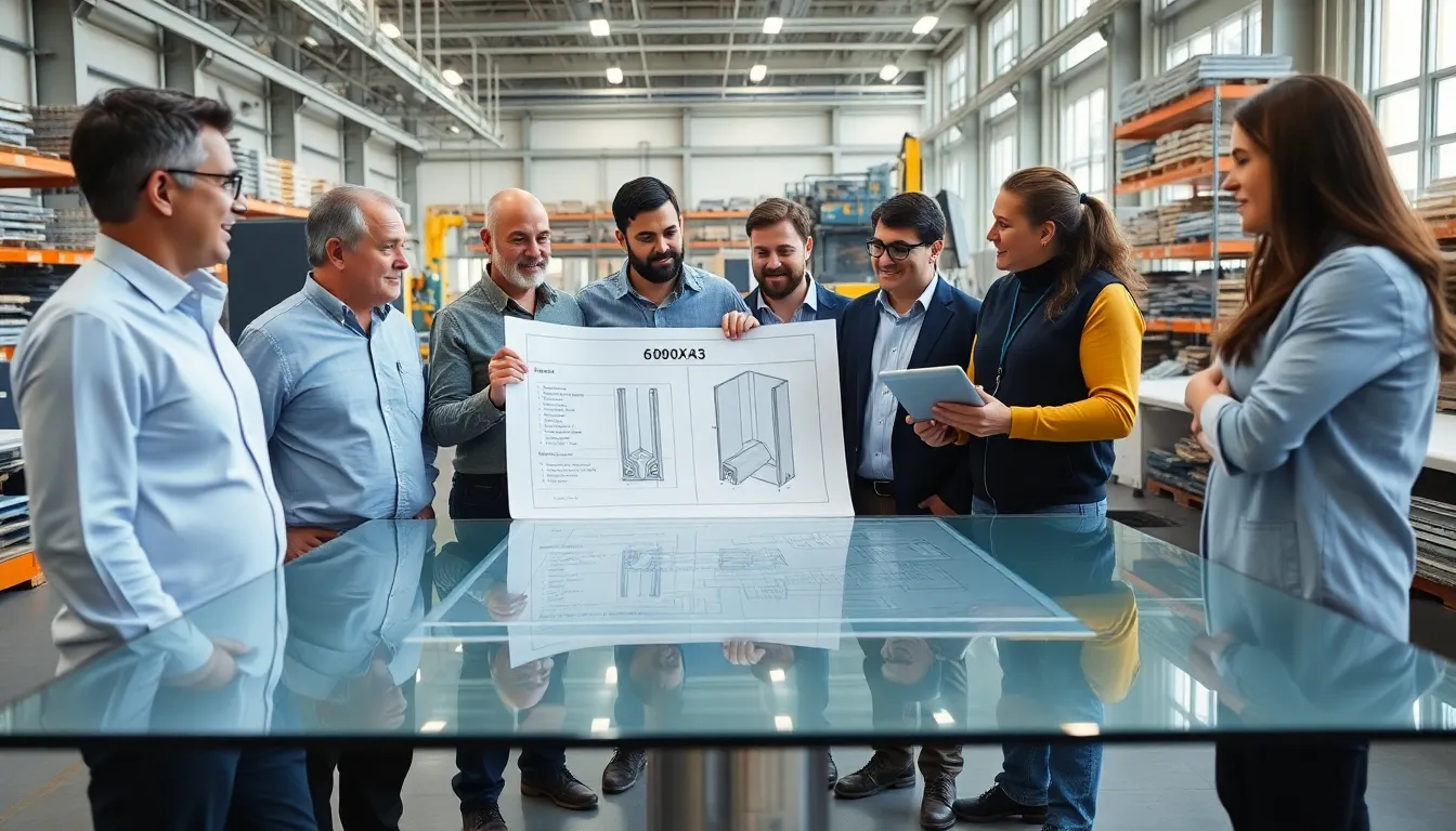 engineers discussing material specifications in a modern manufacturing setting.