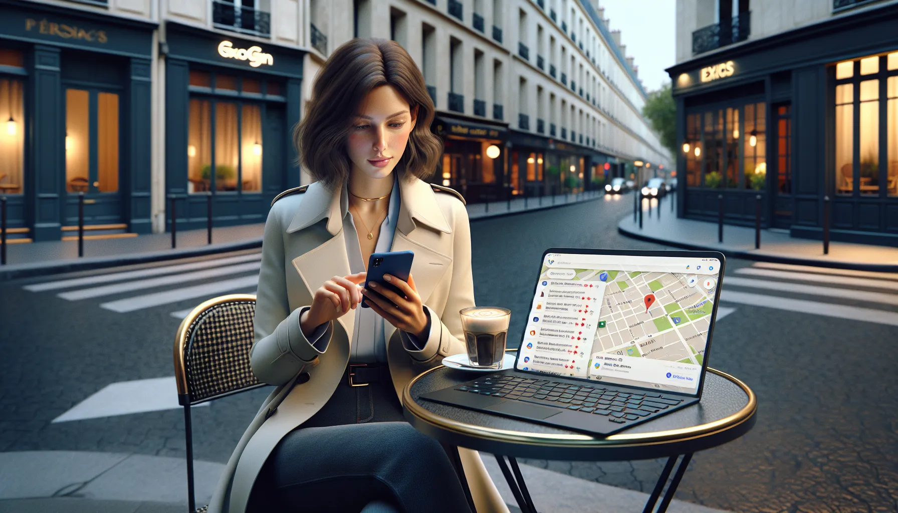 Parisian professional checking Google Maps listings for local businesses on her smartphone.