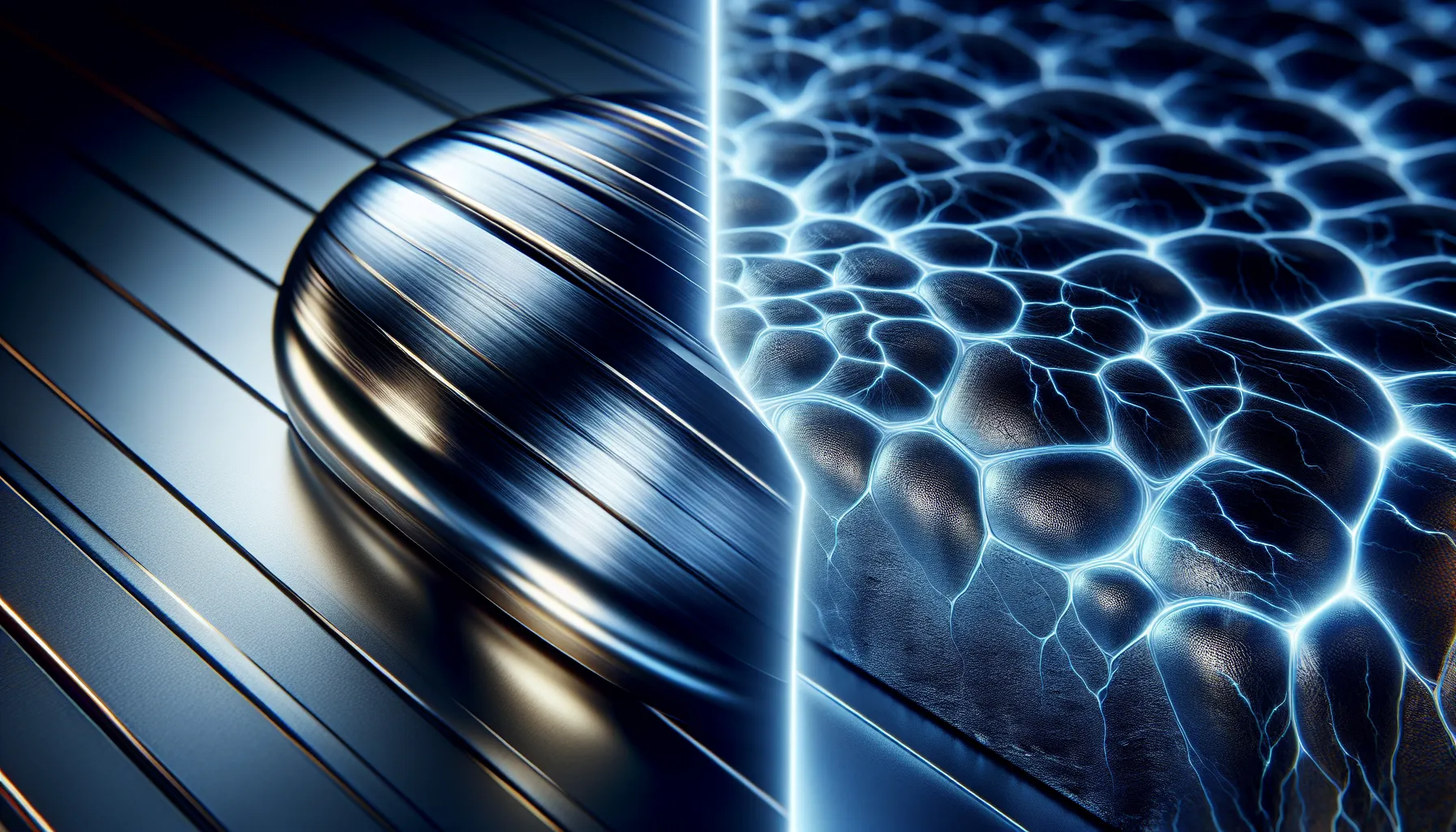 A side-by-side depiction of polished adamantium and vibranium surfaces under contrasting lighting.