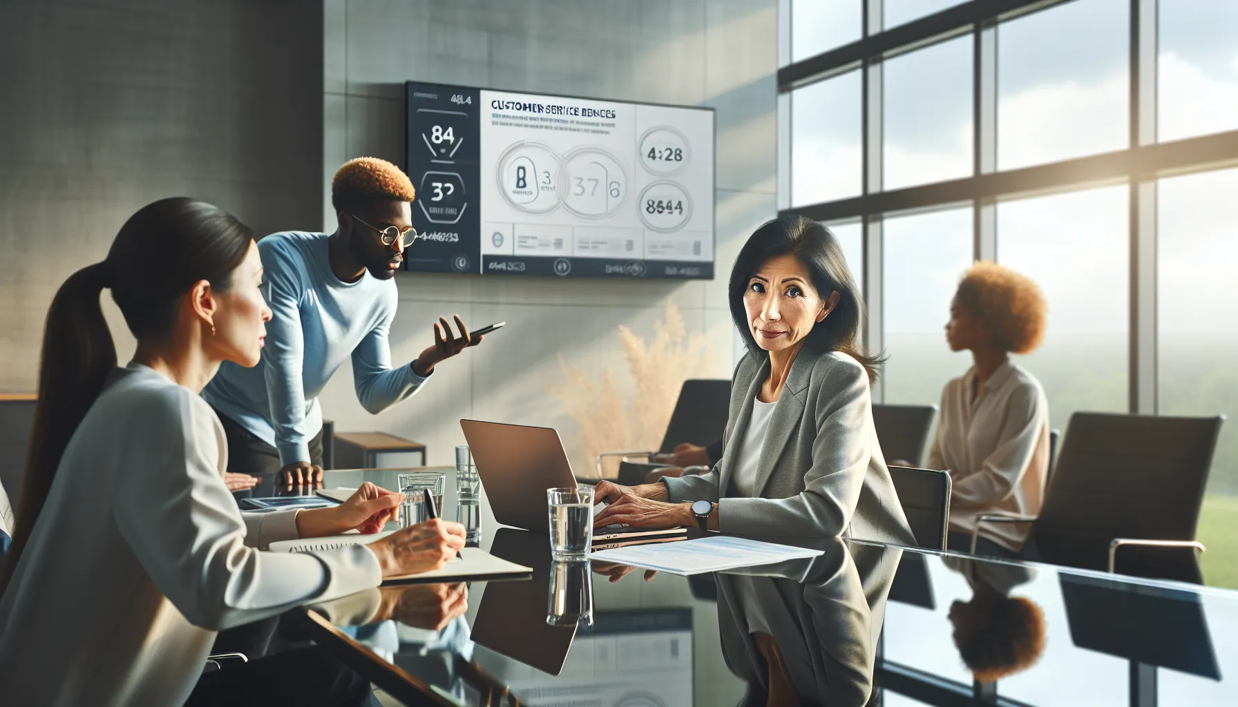 diverse team discussing customer service strategies in a modern office.
