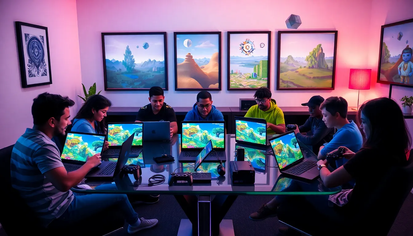 diverse gamers collaborating in a modern gaming room with Minecraft RedWebzine.