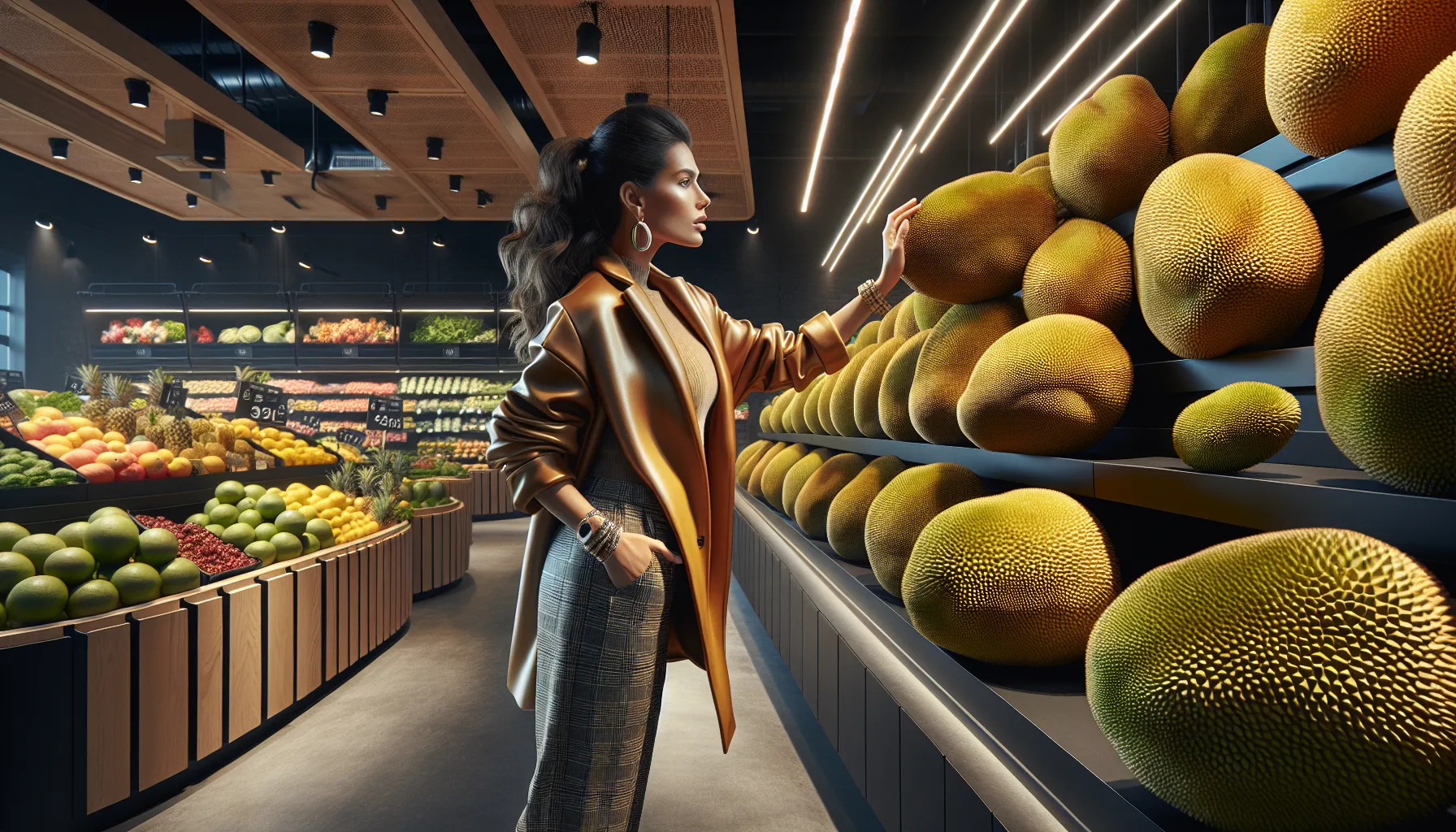 shoppers selecting ripe jackfruits in a modern grocery store.