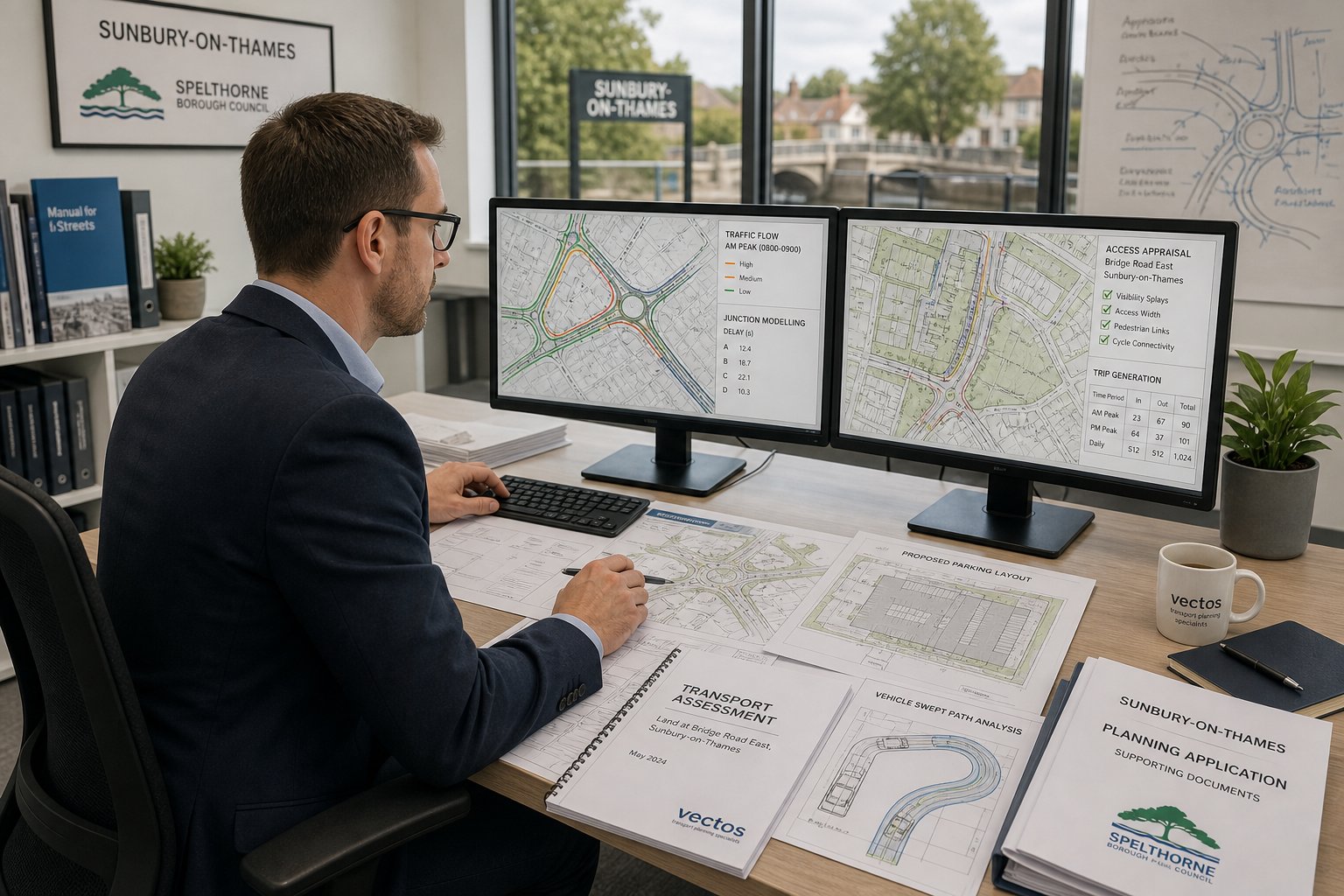 Traffic engineer reviewing planning and transport documents in a modern office.