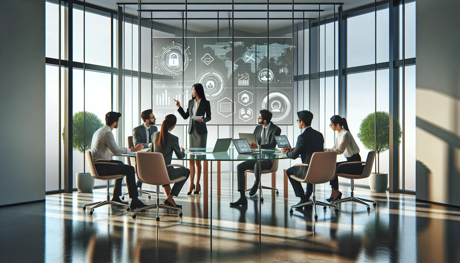 diverse team discussing data protection in a modern office.