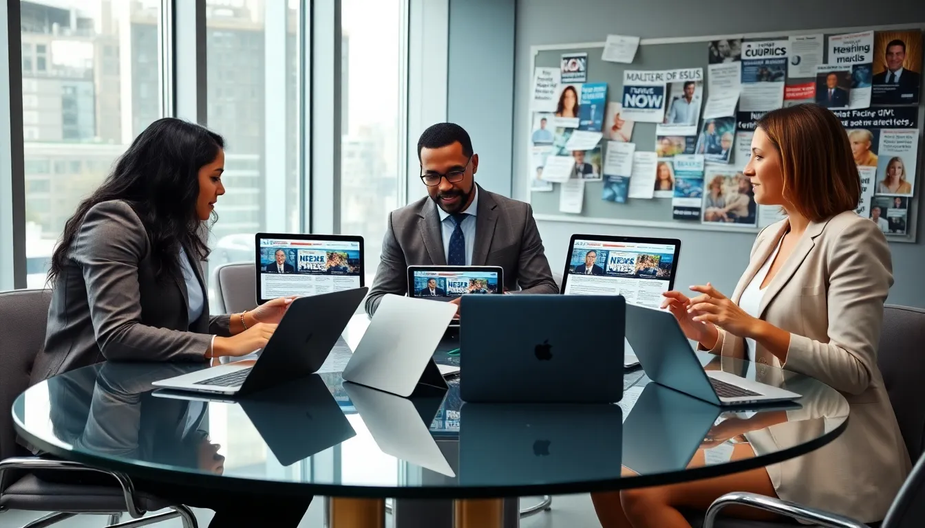 diverse journalists discussing media bias in a modern newsroom.