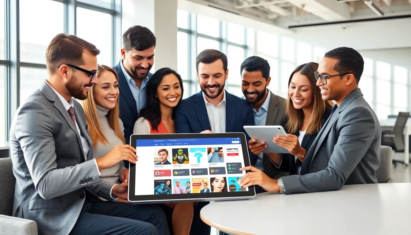 professionals exploring apps on Waptirick in a modern office.