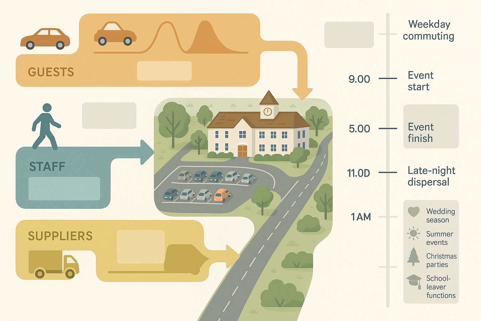 Infographic showing guest, staff, and supplier travel patterns at a UK function centre.