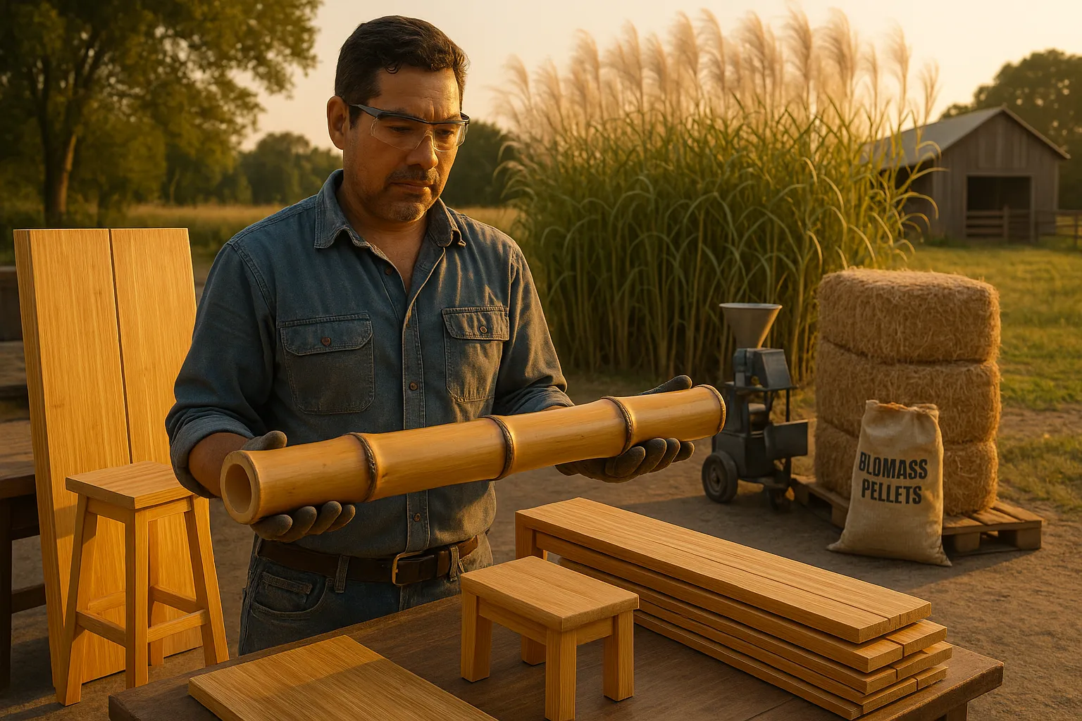 Craftsman holding a bamboo culm with Miscanthus bales and field behind him.