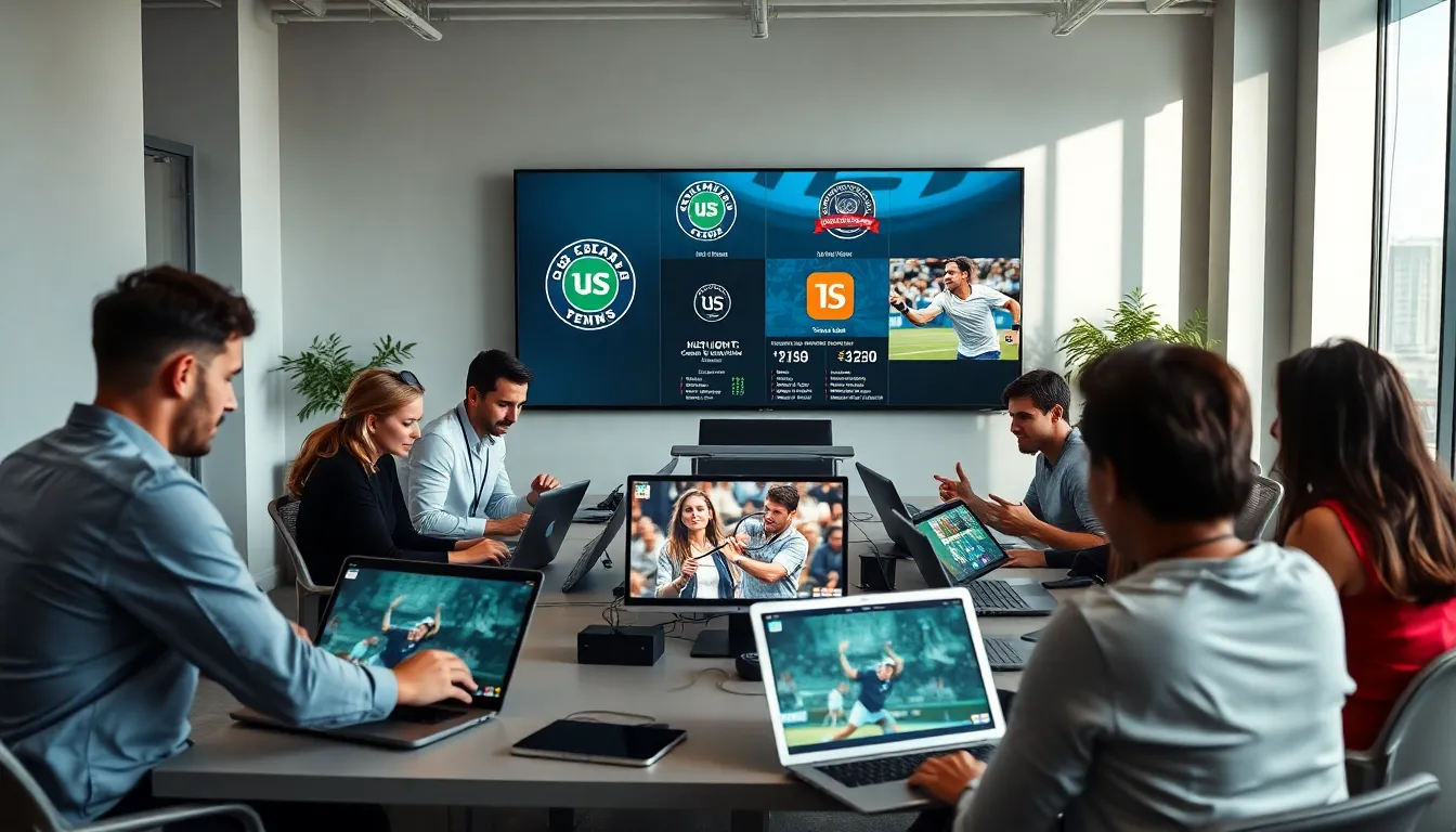 sports professionals analyzing tennis highlights in a modern office.