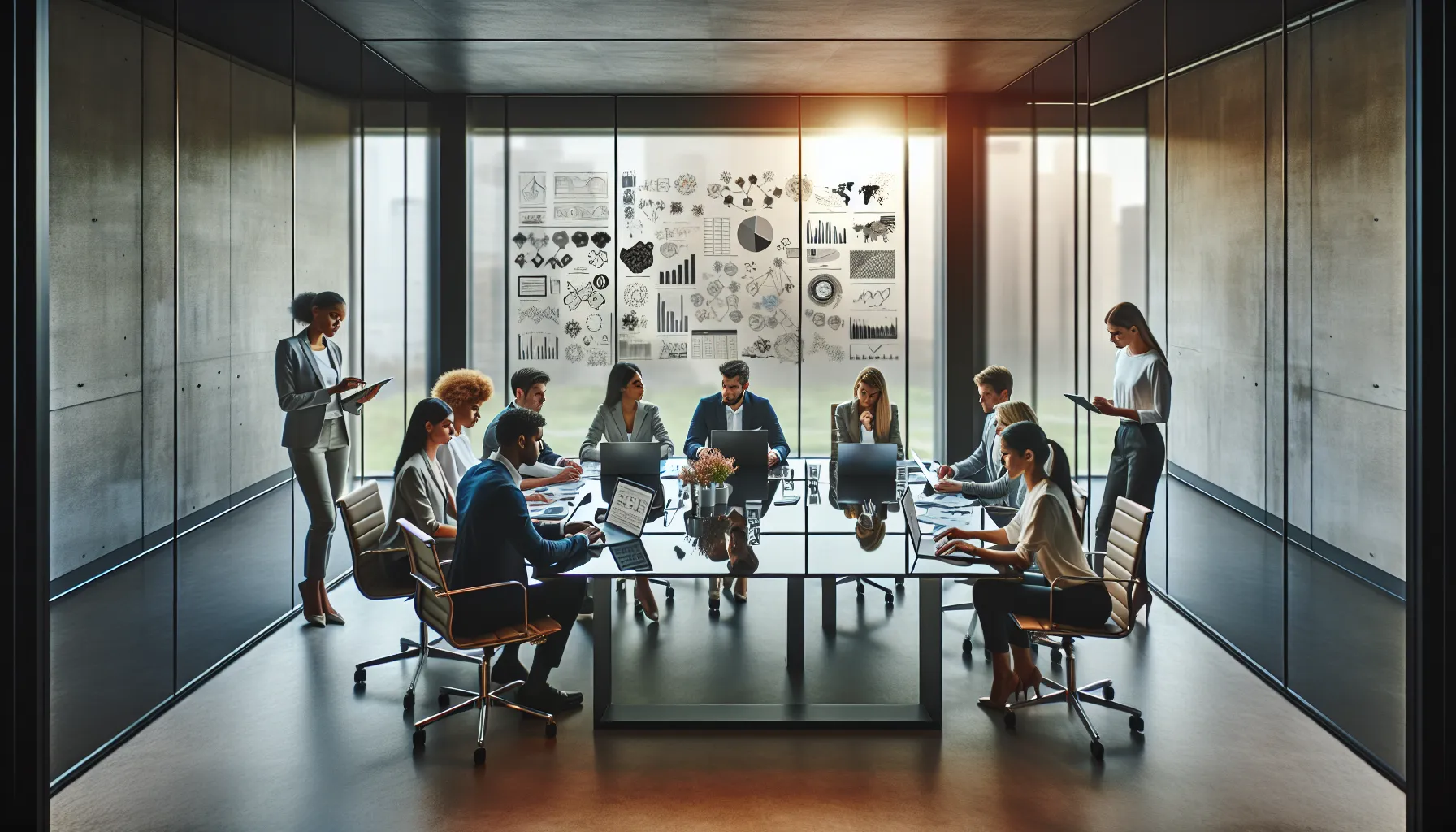 diverse professionals brainstorming in a modern conference room.