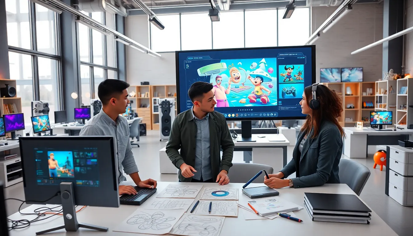 diverse team collaborating in a modern gaming studio.