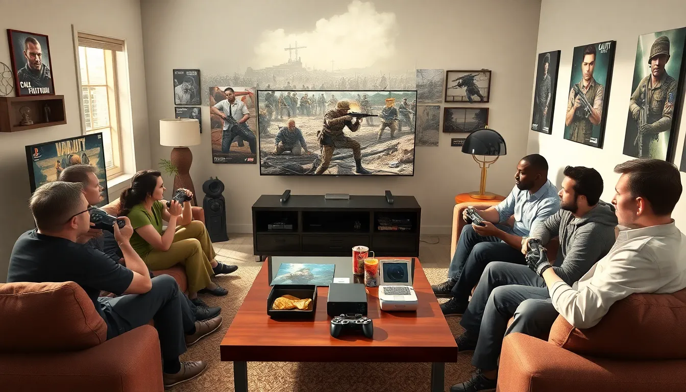 group of gamers playing Call of Duty on PS2 in a cozy living room.