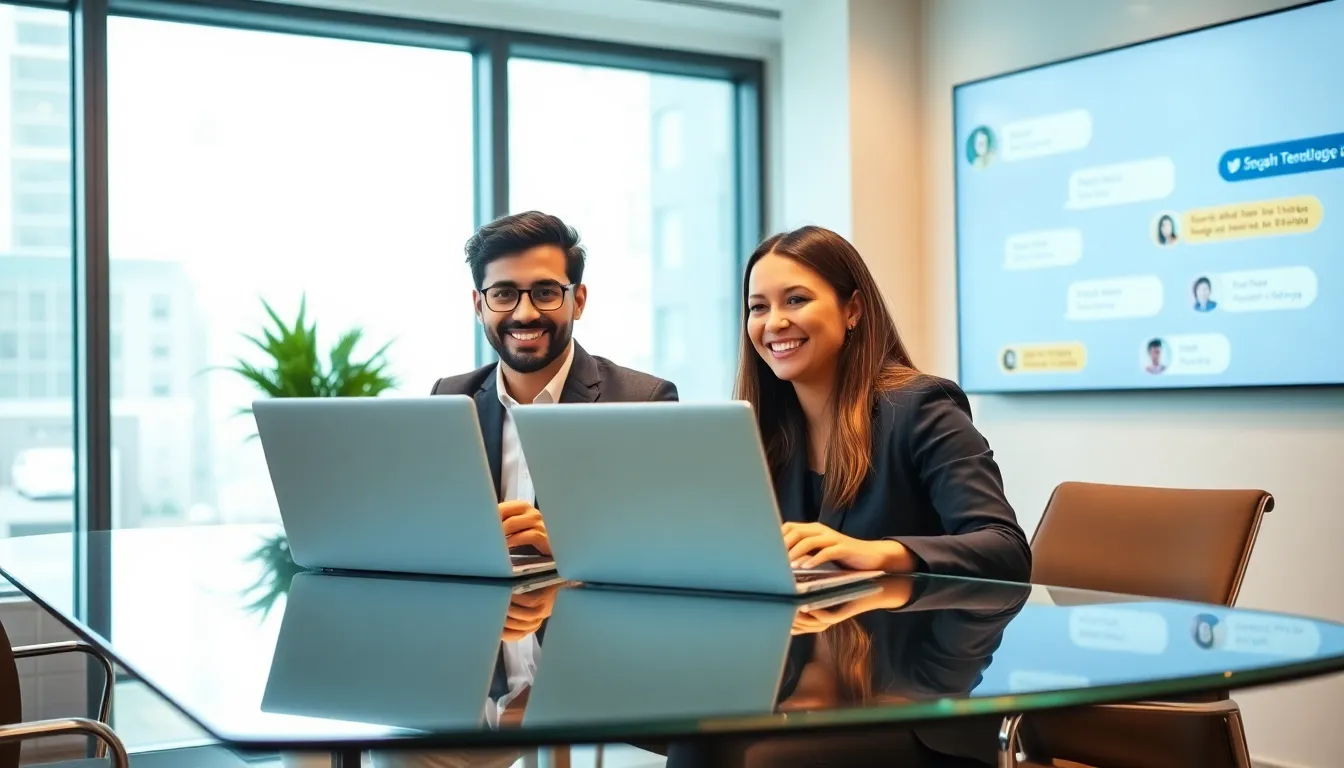 Professionals engaging in a video call in a modern office.