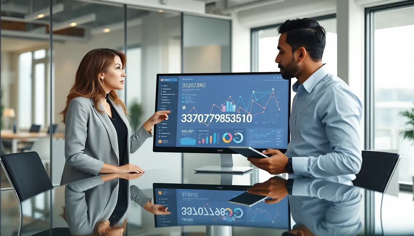 professionals discussing data insights in a modern office setting.