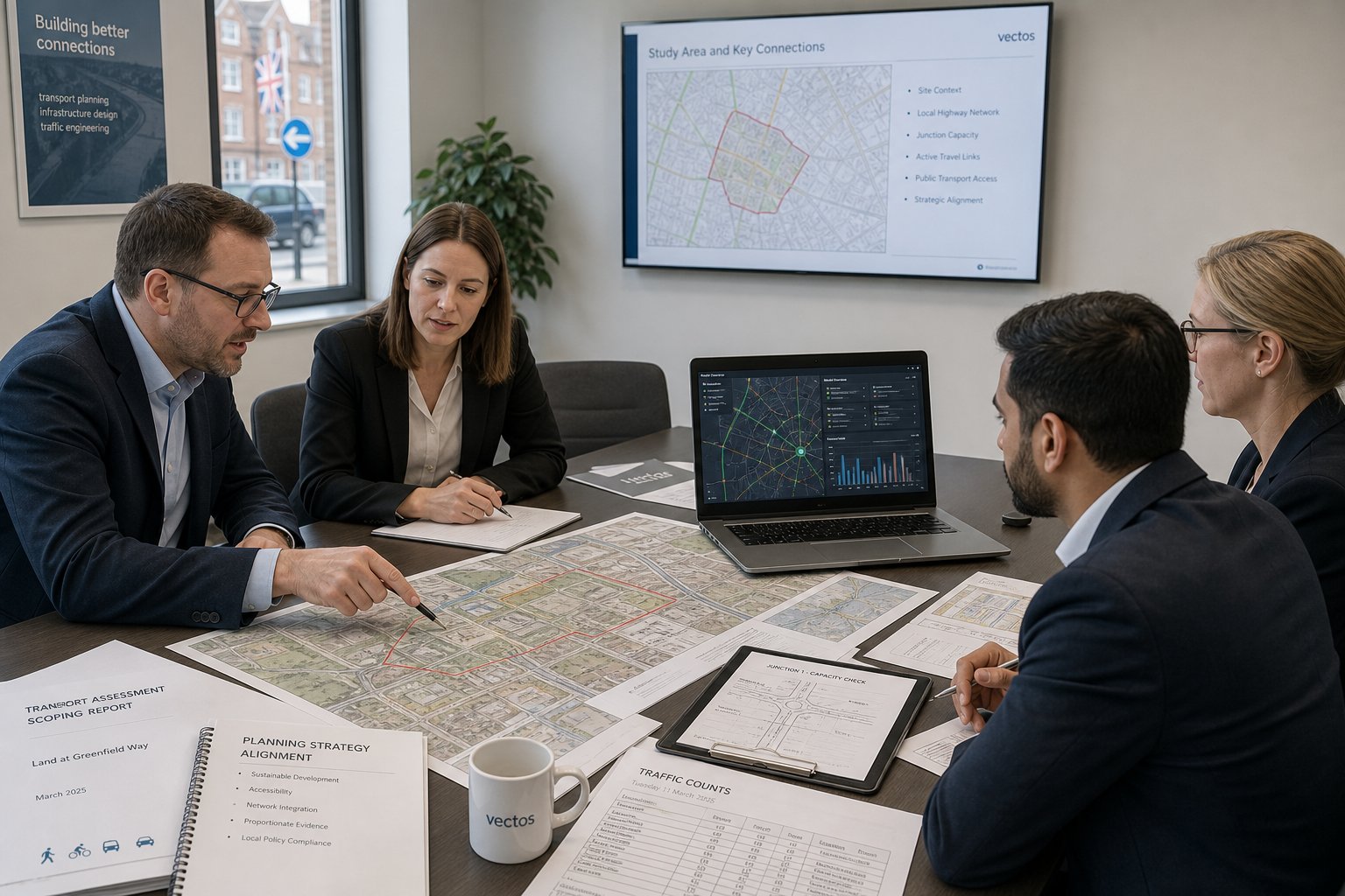 UK transport consultants reviewing traffic plans and survey data in a meeting.