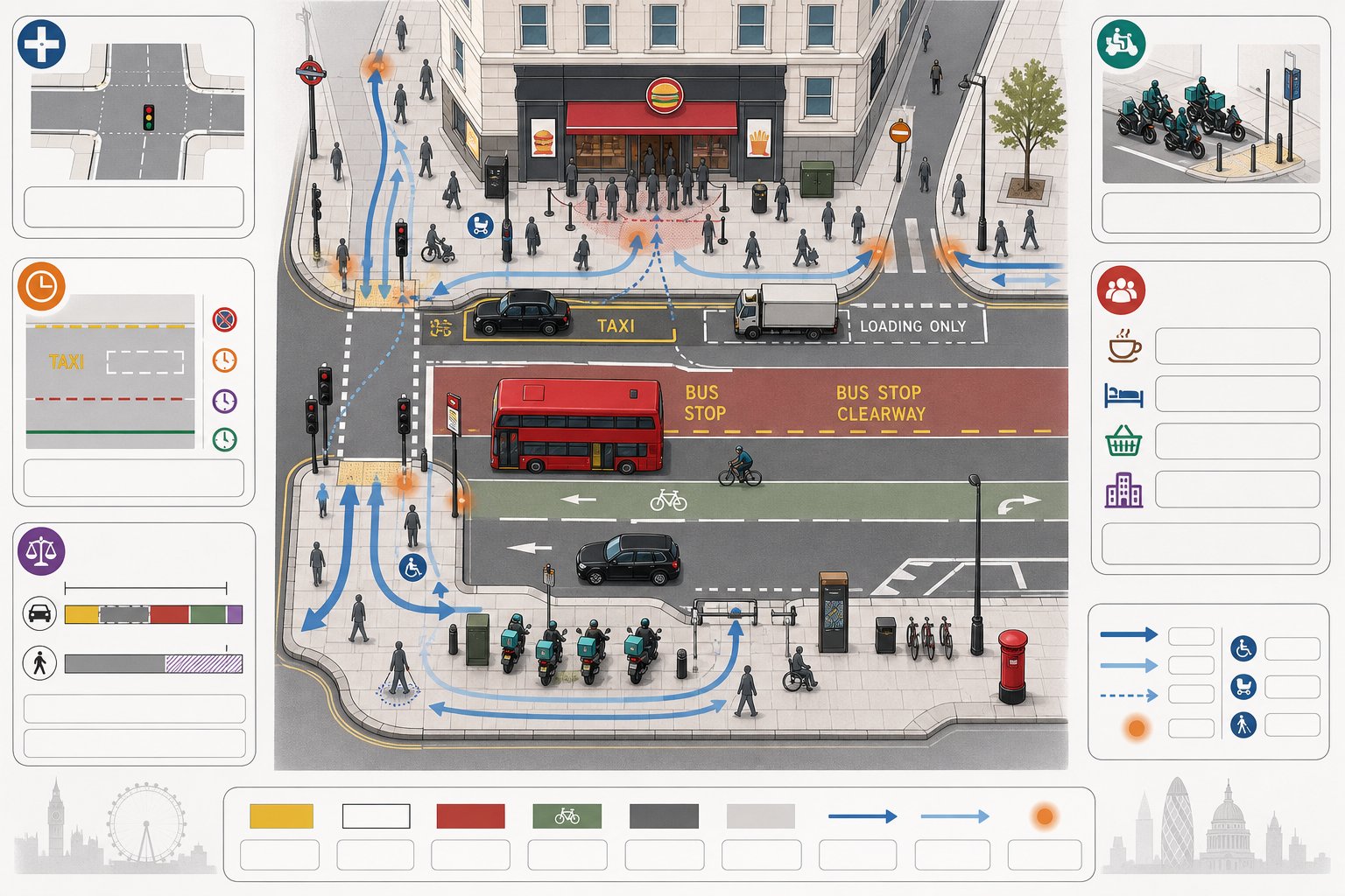 Central London street infographic showing kerbside demand and pedestrian pressure near fast food site.