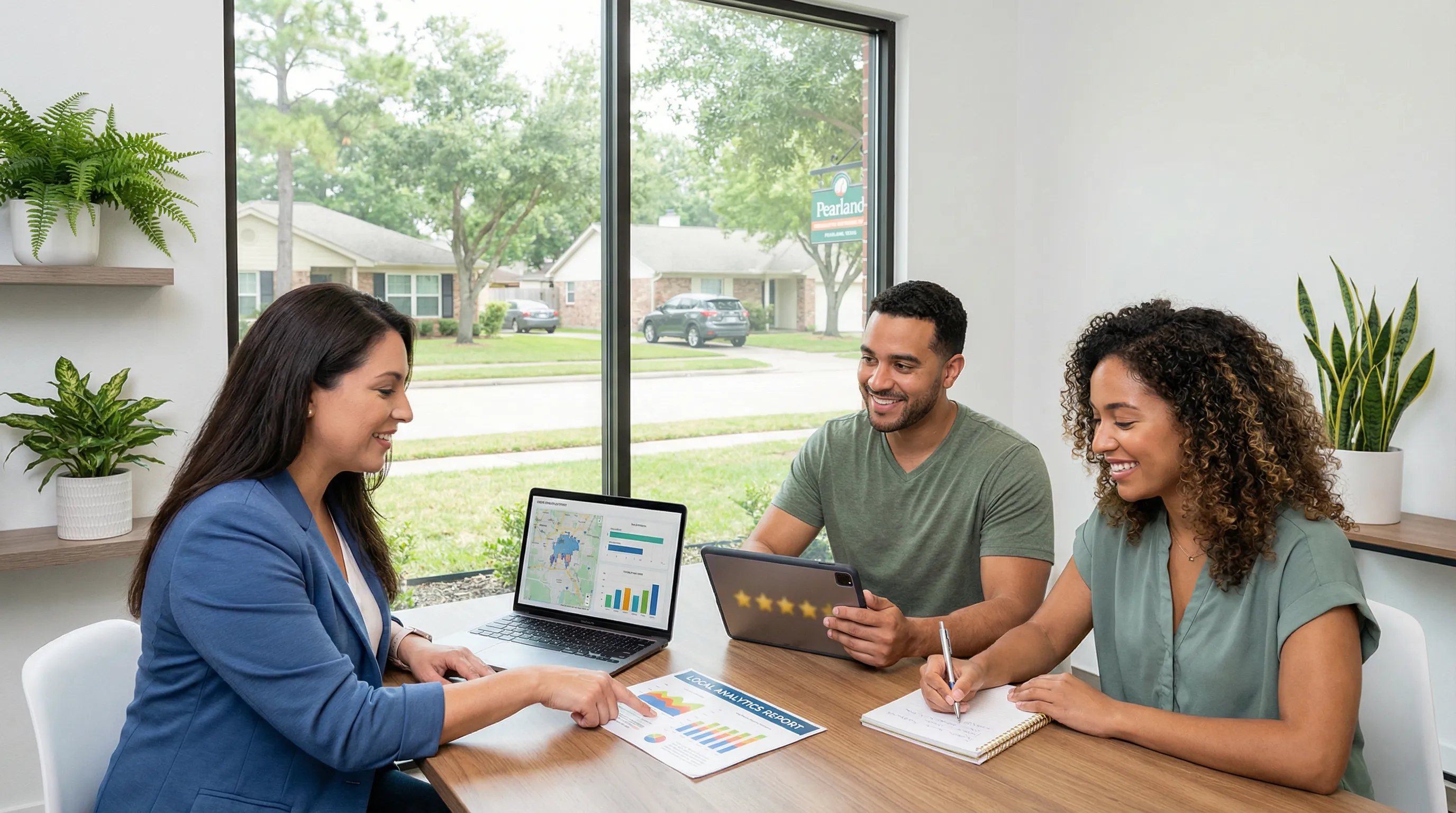 Local digital marketing professionals in a modern Pearland office collaborating over a laptop, reports, and review dashboards to improve local search visibility for nearby businesses.