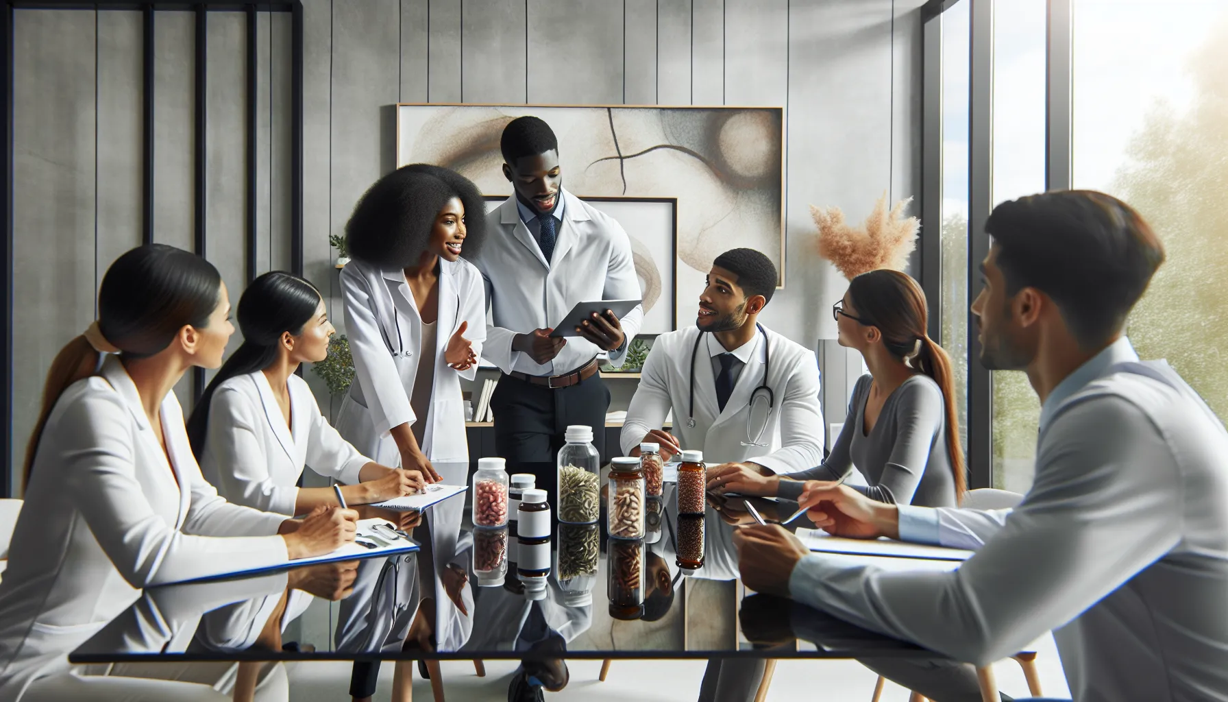 healthcare professionals discussing supplement risks in a modern office.