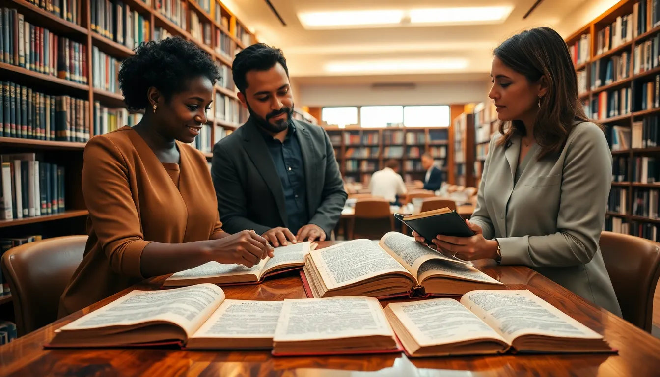 diverse professionals discussing linguistic history in a modern library.