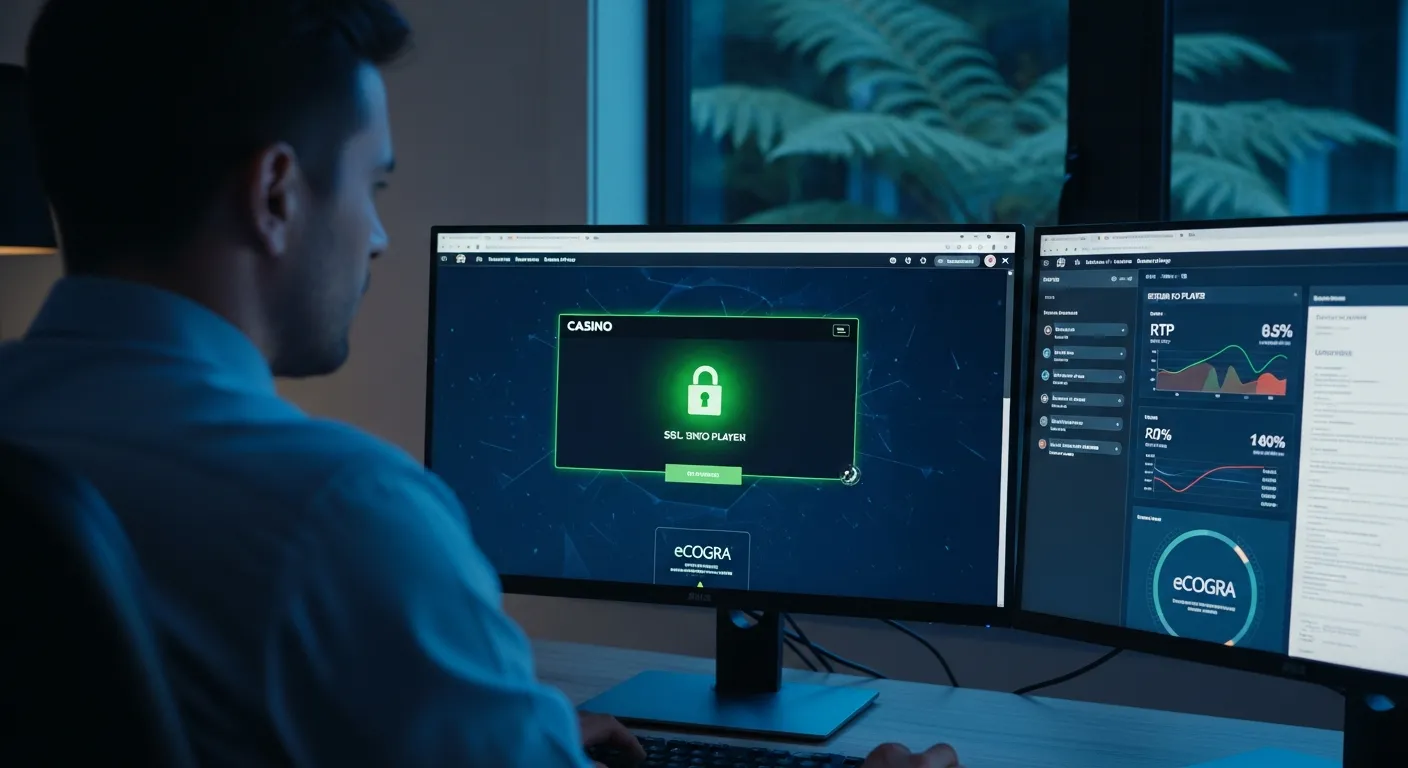 A man analyzing online casino security certifications and RTP data on computer screens.