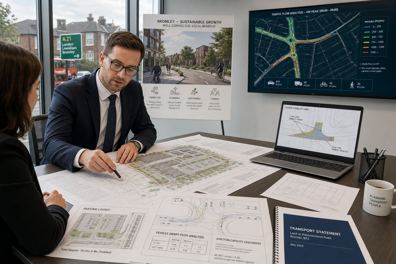 Traffic engineer reviewing Bromley planning and transport drawings in a modern office.