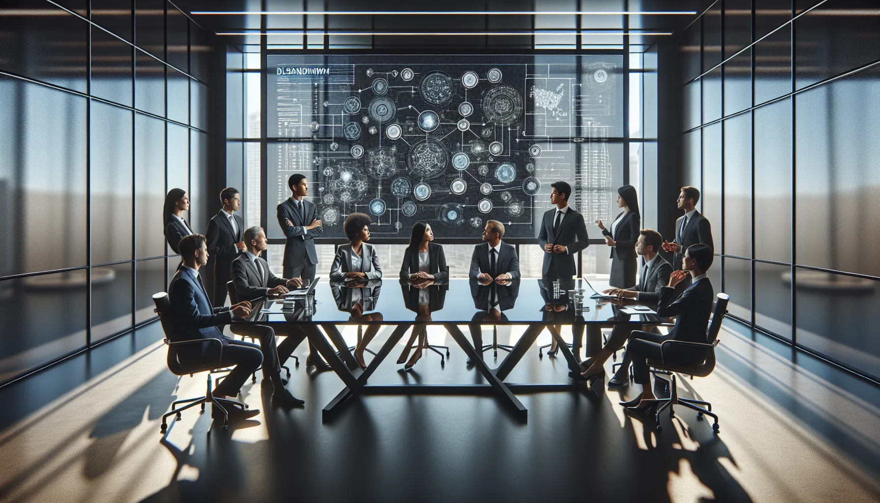 professionals discussing innovative technology in a modern conference room.