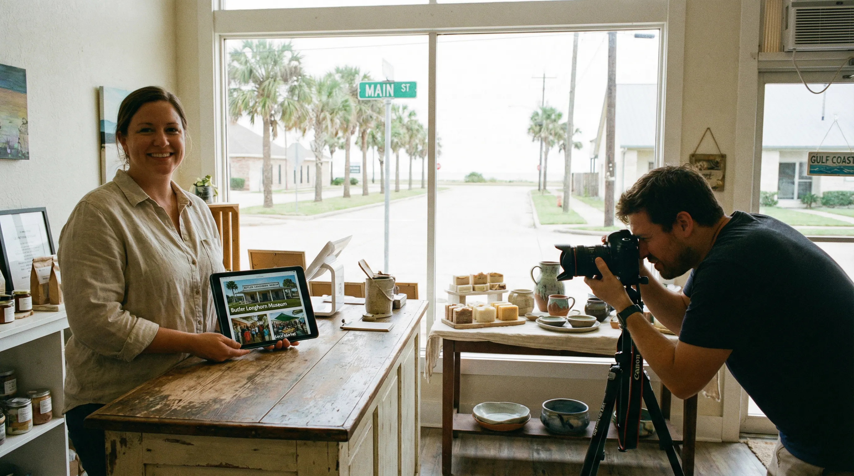 League City shop owner reviewing locally themed social media content on a tablet while a photographer stages product photos in a bright storefront.