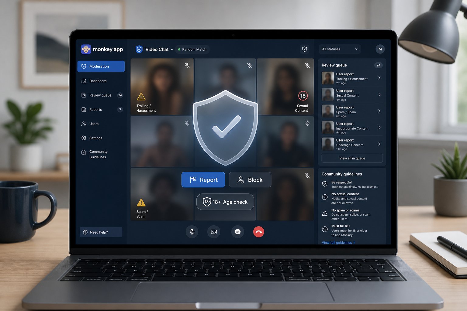 Laptop showing blurred video chat with report, block, and safety shield icons.