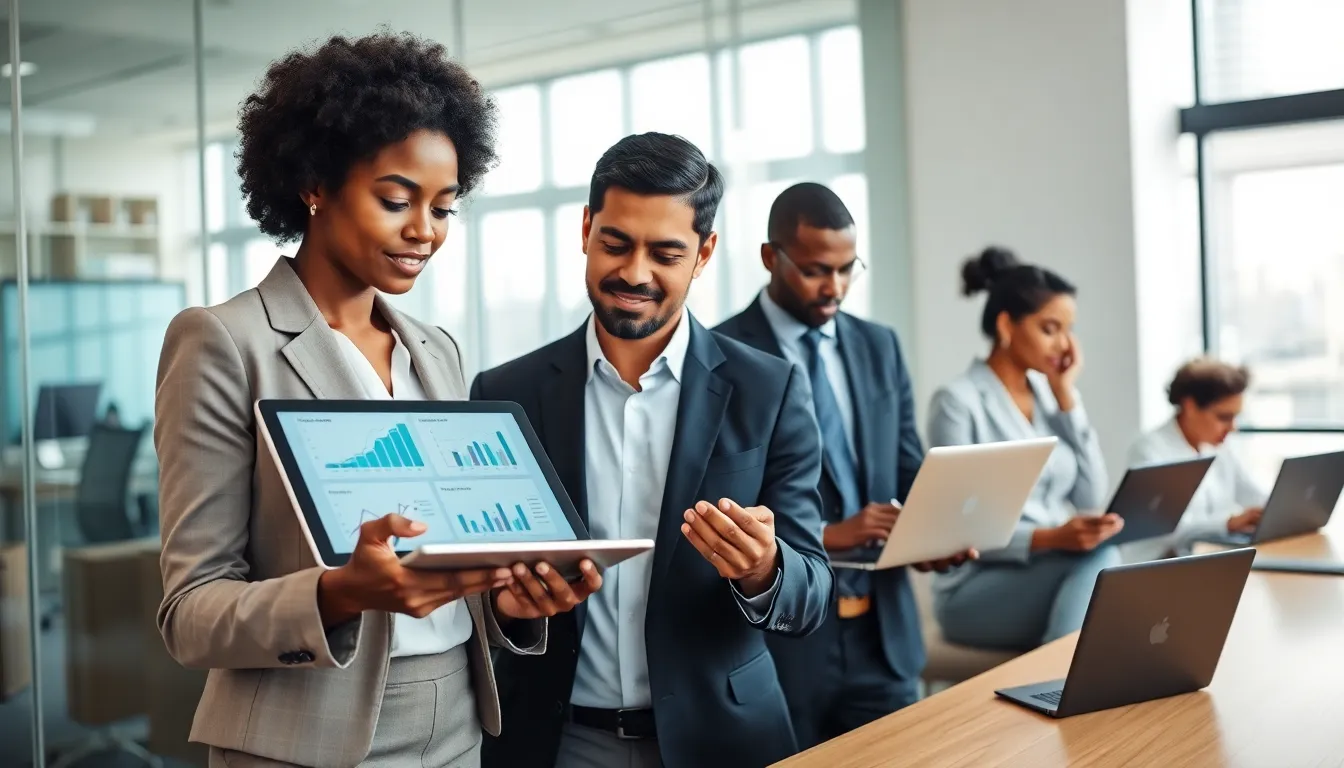 diverse professionals discussing financial resources in a modern office.