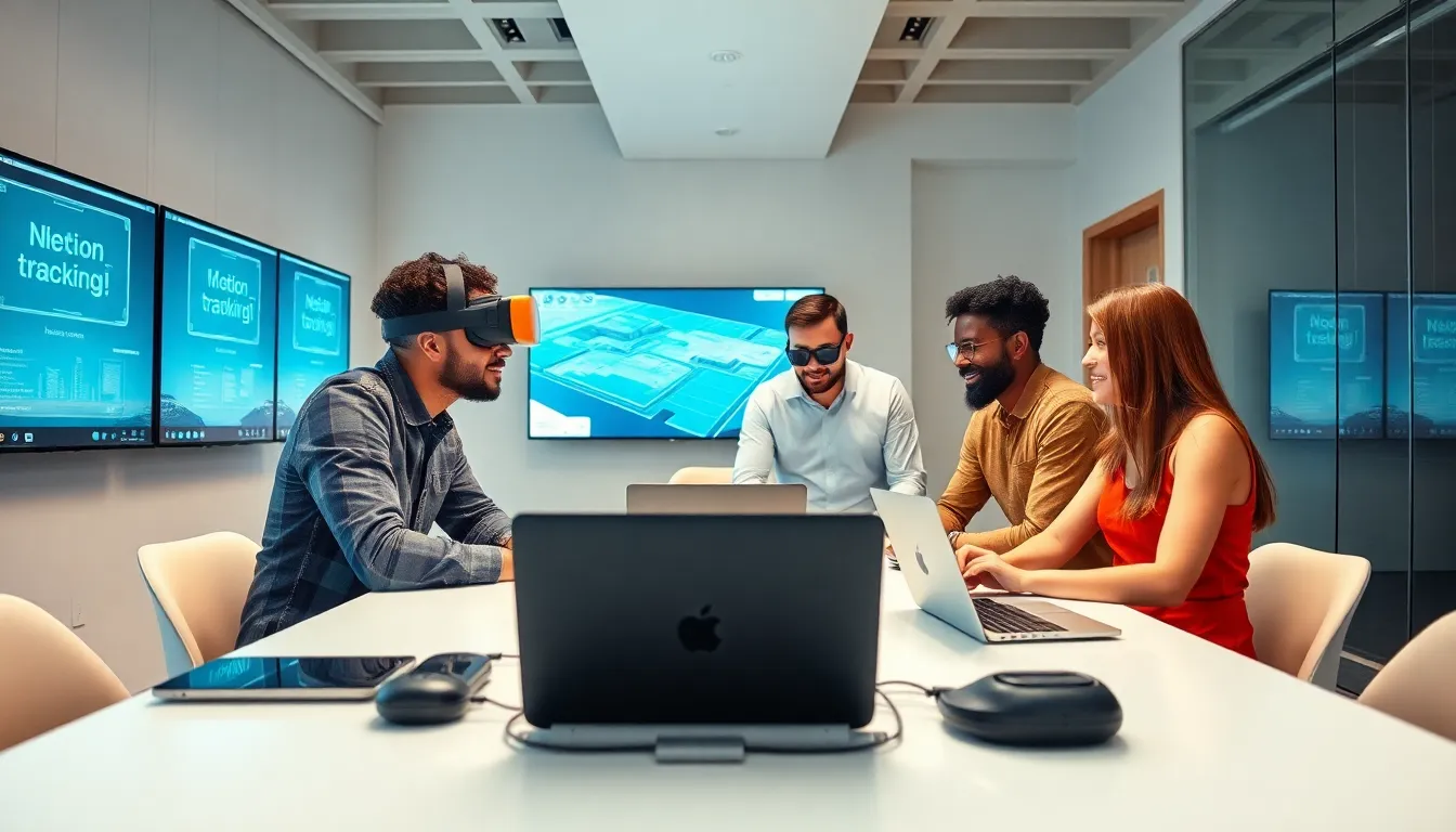 diverse team collaborating on virtual reality app development in a modern office.