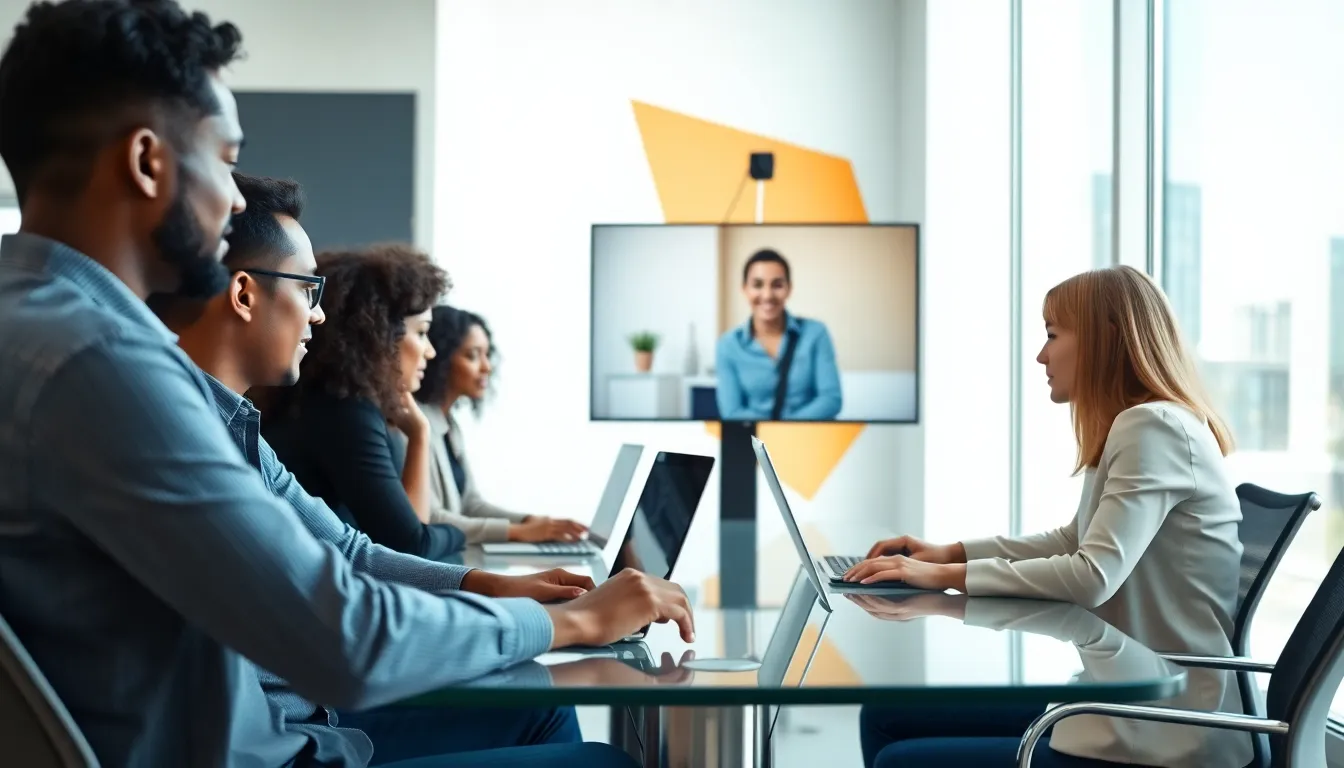diverse professionals in a video call during a virtual meeting.